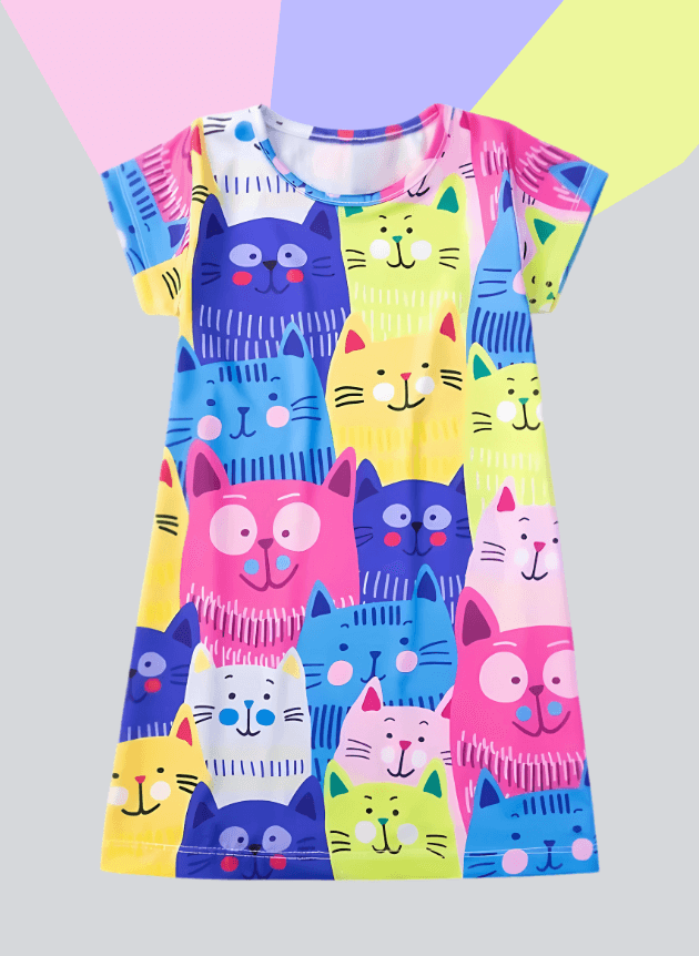 Vestido Manga Curta Gatinhas