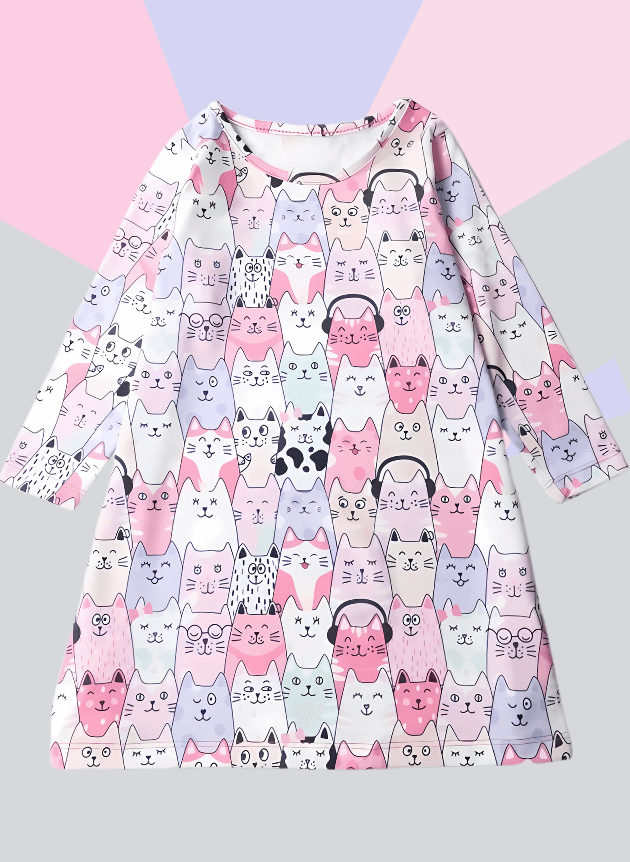 Vestido Manga Longa Gatinhas