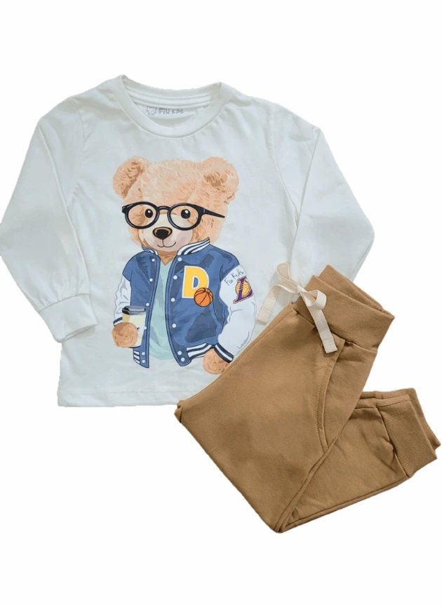 Conjunto Blusa Meia Malha Urso Calça Caramelo