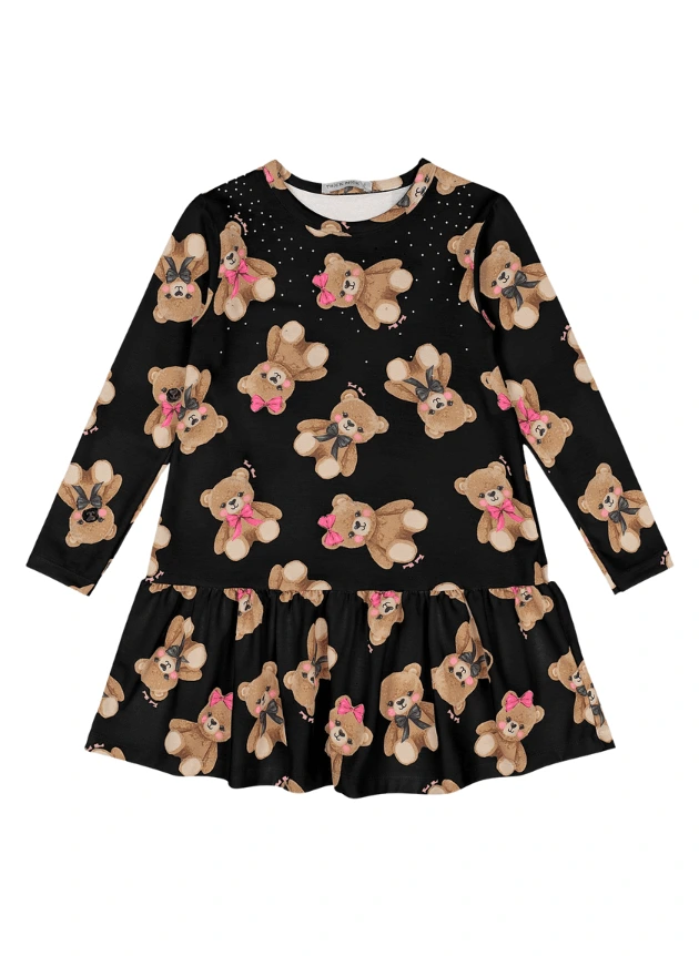 Vestido Manga Longa Ursos- Preto
